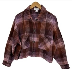 NWT For The Republic Cropped Brown Purple Plaid Shacket Shirt Jacket